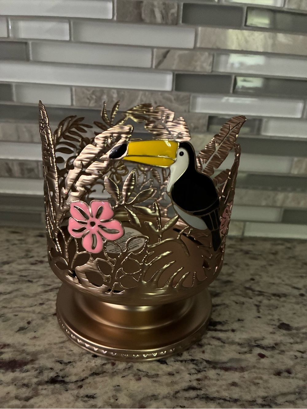 Bath & Body Works Tropical Toucan Pedestal 3-Wick Candle Holder floral birds